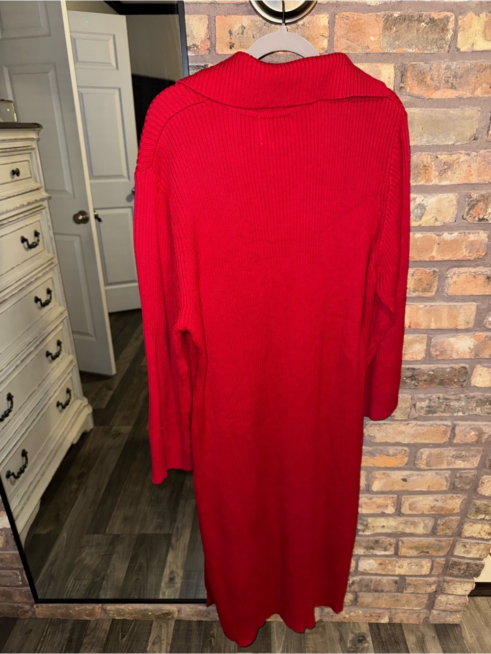 Women's Hooded Ribbed Long Cardigan Robe - Red - Picture 2 of 2